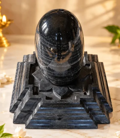 Black Stone Shiva Lingam with matching Black Vedi for traditional Shiva worship