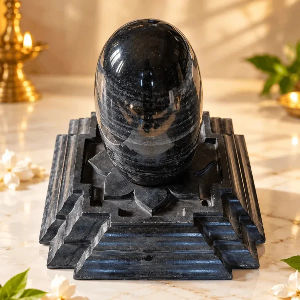 Black Stone Shiva Lingam with matching Black Vedi for traditional Shiva worship